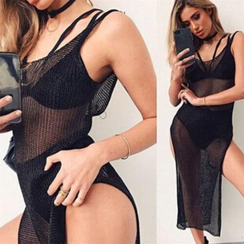 Women Bikini Cover Up Sexy Solid See Through Hollow Out Beach Dress Female Beachwear Swimwear for Summer