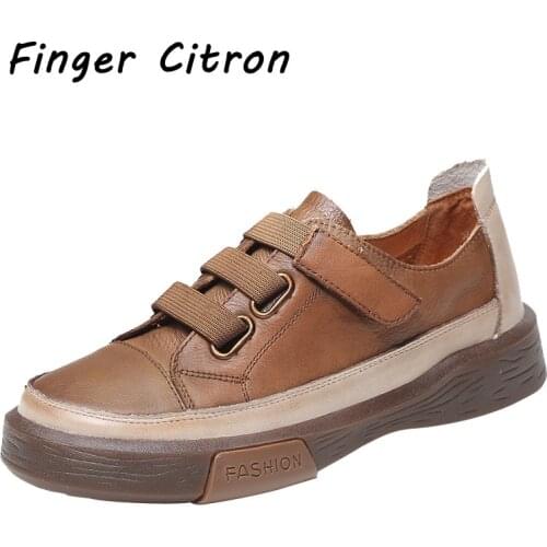 Finger Citron Genuine Cow Leather Women Casual Shoes Round Toe With Wide Belt Lace Rubber Outsole Soft Lady Style Size 35-40