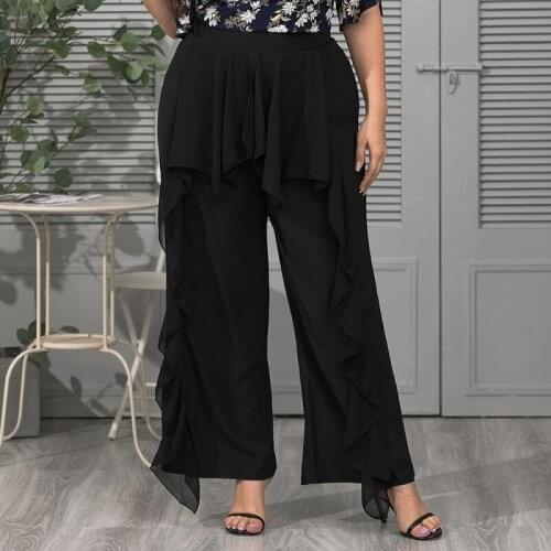 4XL Plus Size Pants For Women Fashion Chiffon Ruffle Splice Pants Summer Elegant Oversize Office Lady Trousers 2021 New Arrival