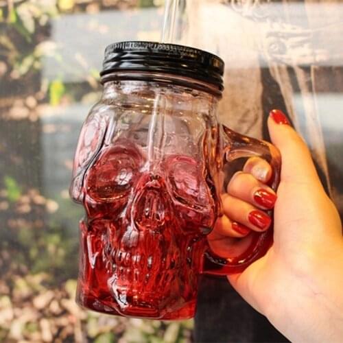 Creative Skull Colored Glass Bottle Sand Ice Cup with Cap Straw Cup Cold Drink Glass Bottle Glass Water Bottle Drinking Glasses