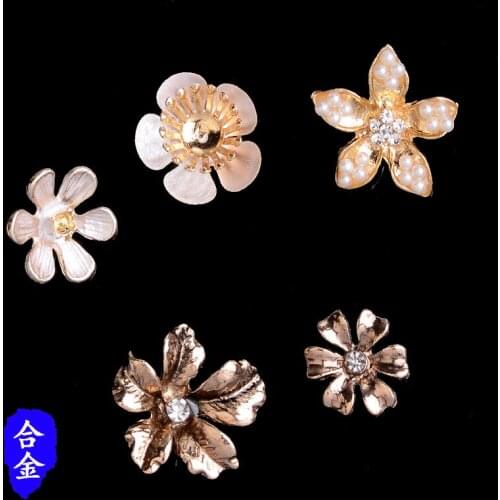 50pcs Gold Color Zinc Alloy Material Crystal Pearl Flower Charm Enamel Flower for Hair DIY Handmade Jewelry Making Wholesale