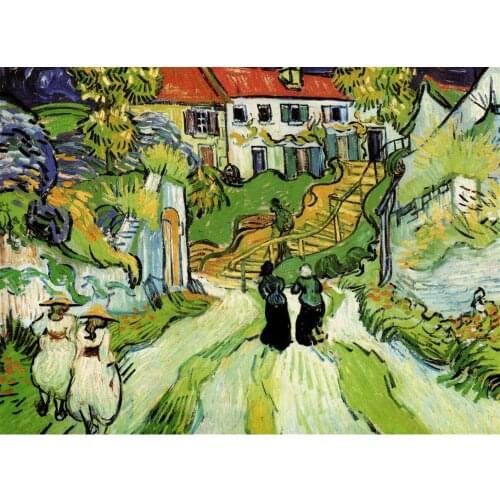 Village Street and Steps in Auvers with Figures by Vincent Van Gogh Oil paintings reproduction Landscapes art hand-painted