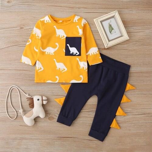 27KIDS Autumn suits Boys and Girls Full Sleeve Shirt Dinasour Pattern Trousers Cute Children Clothes