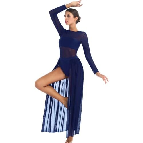 Women Lyric Dance Dress Mesh Patchwork Long Sleeve Elegant Lady Performance Competition Dancewear Skirt Leotard Dresses Clothing