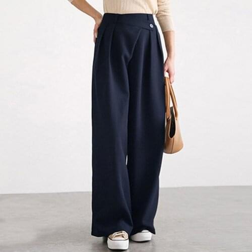 Women High Waist Solid Color Irregular Waistband Wide Leg Pants Loose Trousers
