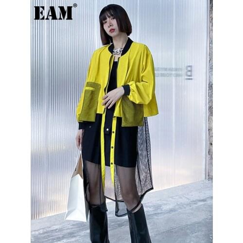 [EAM] Loose Fit Yellow Hem Mesh Big Size Jacket New Stand Collar Long Sleeve Women Coat Fashion Tide Spring Autumn 2021 1DE1813