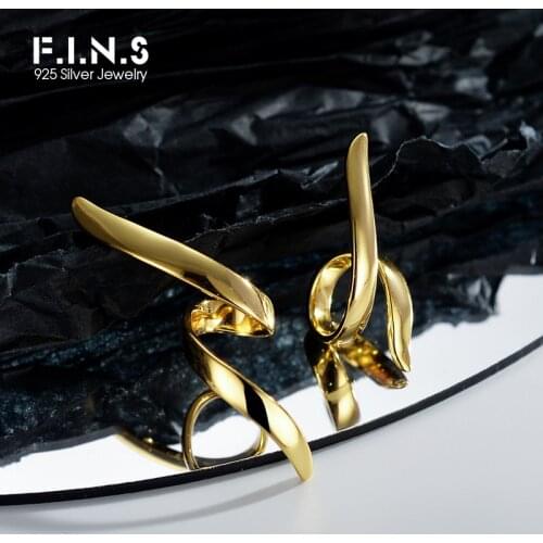F.I.N.S Korean Asymmetrical S925 Sterling Silver Winding Line Earrings Female Glossy Curved Stud Earrings Statement Fine Jewelry