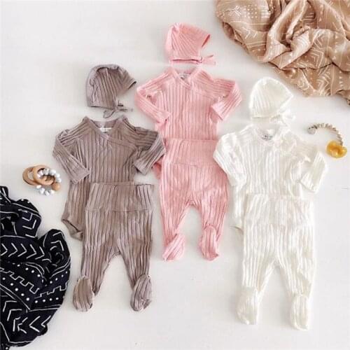Infant Three-piece Clothes Outfit Baby Boy Girl Long Sleeve Solid Romper+Long Pants+Cap 3 Colors