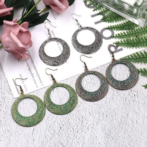 Creative Fashion Printing Flower Vintage Earrings for Women Hollow Circle Pendant Bohemia Earrings Accessories Party Jewelry New