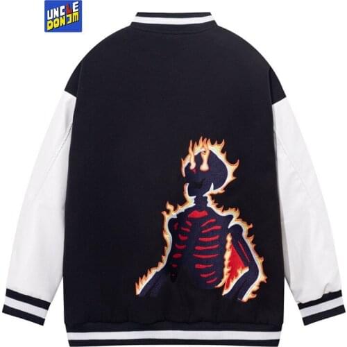 UNCLLEDONJM Flame Skeleton Embroidery bomber jacket colour block jacket men japanese fashion retro clothes men clothing AW810