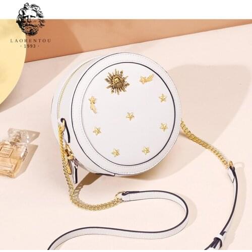 LAORENTOU 2020 Cowhide Female Round Bags Street Fashion Leather Small Circular Handbag Mini Shoulder Bags Elegant Crossbody Bags