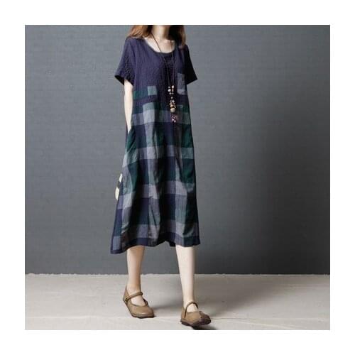 Summer new womens long knees short sleeve fashion plaid stitching cotton and linen dress