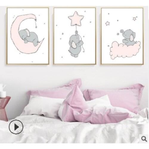 Cartoon Animal Decorative Painting Creative Elephant on The Moon Bedroom Decorative Canvas Painting Childrens Room Wall Art