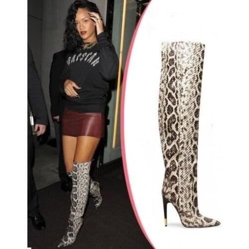 Newest Brand Snake Print Leather Metal Heel Over The Knee Boots Pointed Toe Python Leather Winter Boots Free Ship