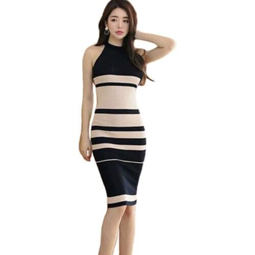 YUZACDWX 2020 Autumn New Fashion O-neck knitting Dress Women Sleeveless Striped Elegant Sweater Femme Sheath Dresses robe