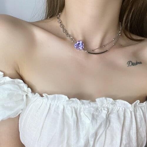 GorGor Necklace Women Alloy Pattern Heart Purple Rhinestones Pendant Creative Minimalist Exquisite Engagement Jewelry XL-086