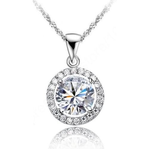 Luxury 925 Sterling Silver Fashion Wedding Engagement Jewelry Top Quality Shiny Round CZ Zircon Crystal Pendant Necklace