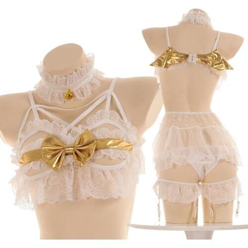 Sexy Lace Bat Lingerie White Gold Little Demon Mesh Women Devil Cosplay Sex Shop Open Cup Bra Set Lolita Anime Bikini with Wings