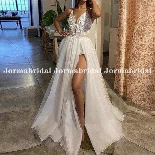 Sexy Bohemian Wedding Dresses Spaghetti Strap 3D Flower High Slit Beach Bridal Gowns Sparkly Glitter Tulle Boho Bride Dress