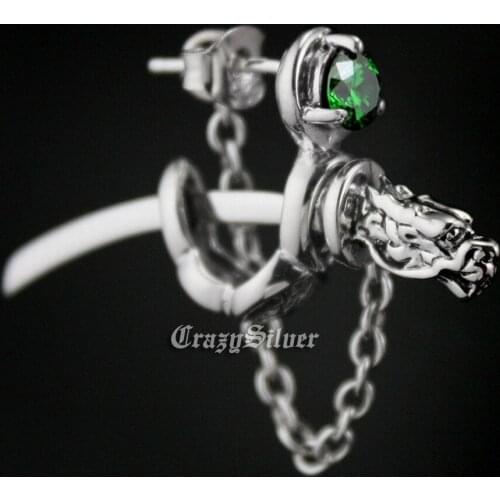 CZ Stone 925 Sterling Silver Dragon Japanese katana Earring Mens Biker Stud Earring 8M109