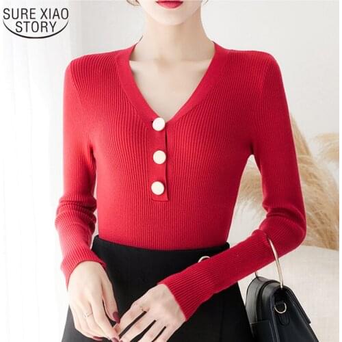 Slim Long Sleeve Womens Bottoming Pullover Autumn and Winter Korean Knitted V-neck Sweater Women Solid Womens Knitwear 10918