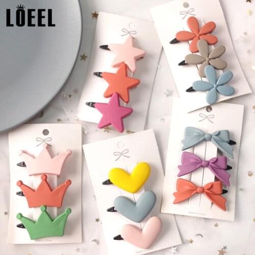 3Pcs/Set Candy Color Hair Clips Crown Star Hair Snap Hairgrips Geometric Barrettes Fashion Women Girls Hair Accessories Female