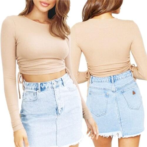 Xingqing Women Shirts Fashion Solid Color Crop Top Slim Long Sleeve Round Neck Drawstring T-shirt Sexy Exposed Navel Top