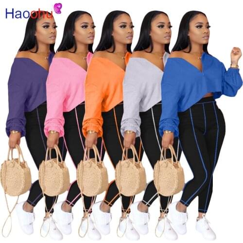 Solid Deep V-neck Two Pieces Set Women Tracksuit Long Sleeve Loose Crop Top+striped Spliced Pencil Pant Casual Femal Club Outfit