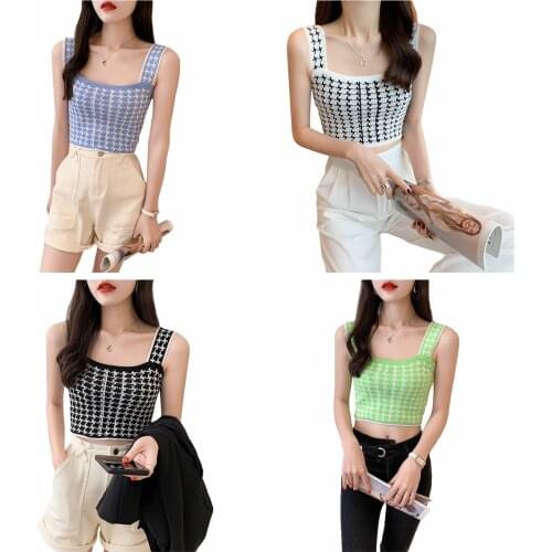 Y2k Sexy Women Knit Adults Summer Sleeveless Printed Stylish Green Black White Blue Trendy Square Collar Crop Tank Tops