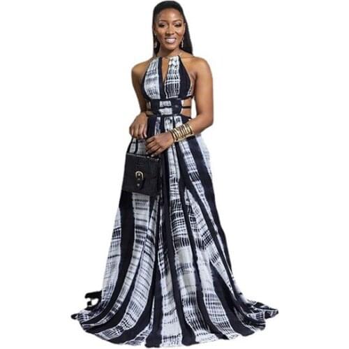 Print Halter Dress Women 2021 Summer Sexy Bandage Hollow Out Backless Drawstring Holiday Beach Long Dresses Female LR1289