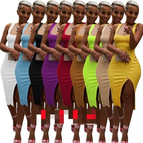2021 women summer sleeveless side spit knitted bodycon midi tank dress knee length vintage sexy party dresses vestidos