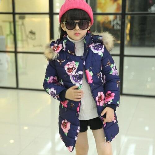 Girl Winter Coat 2019 New Jacket Large Fur Collar Long Thick Jacket Girls Child Coats Outwears Floral Warm for Cold Winter