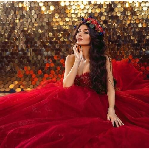 2020 Red Wedding Dresses Sexy Sequins Sweetheart Sleeveless Bridal Gowns Sweep Train Tulle Wedding Dress vestidos de novia