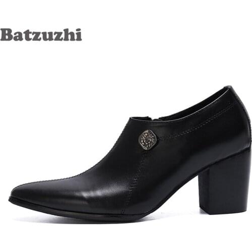 Batzuzhi 7.5CM High Heel Black Genuine Leather Ankle Boots Men Pointed Toe Men Boots Party and Wedding Footwear Zapatos Hombre