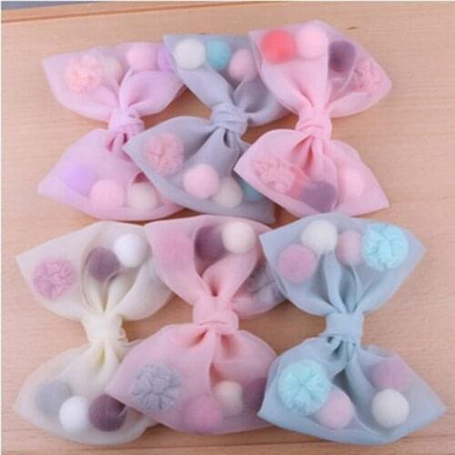 Free Shipping 2pcs/Lot 9*10.5cm Colorful Round Chiffon Balls Bow Decorated Handmade Organza Fabric Bows Girl Hair jewelry DIY