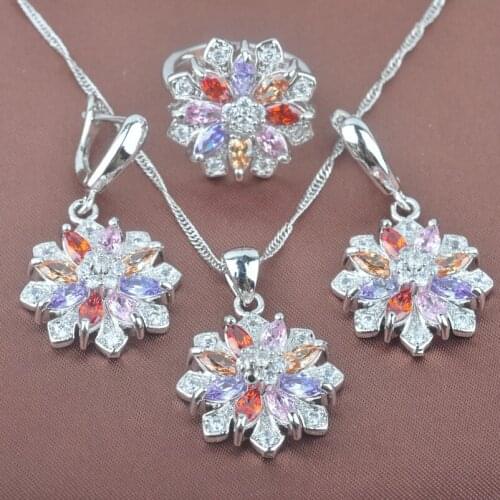 Shining Multicolor Cubic Zirconia Silver Color Bridal Jewelry Set For Women Flower Costume Earring Necklace Pendant Ring YZ0275