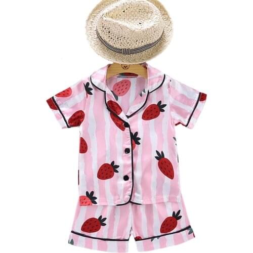 Kids Pajamas Sets Ice Silk Strawberry Print Baby Boys Girls Homewear Sets Short Sleeve Blouse Tops+Shorts Sleepwears 2pcs