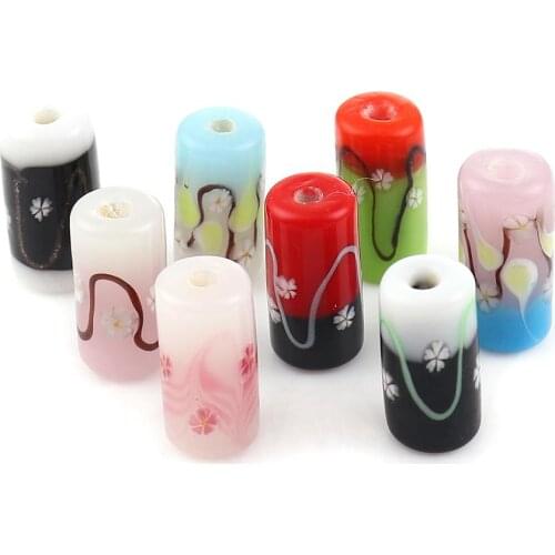 DoreenBeads Fashion Lampwork Glass Japanese Style Beads Cylinder Black & White Sakura Flower DIY Charms About 20mm x 10mm,2 PCs