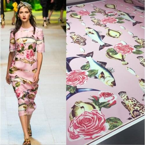 145cm*100cm European designer fabric small fish flower pattern digital printing imitation silk stretch satin skirt fabric