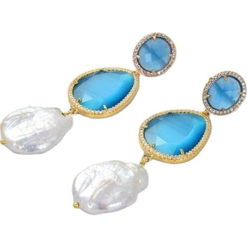 GG Jewelry Natural Pearl Cultured White Keshi Pearl Blue Crystal Cz Paved Hook Dangle Earrings Lady Girl Gift Jewelry