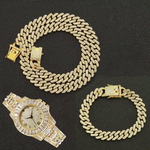 3pcs Kit 12MM Prong Necklace Baguette Bracelet Hip Hop Cuban CZ Iced Out Paved Necklace+Watch+Bracelet For Men Women Jewelry