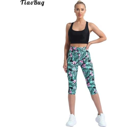 TiaoBug Summer Women Floral Print Sweat Suit Yoga Gym Fitness Outfit Round Neck Sleeveless Racer Back Vest With Cropped Leggings
