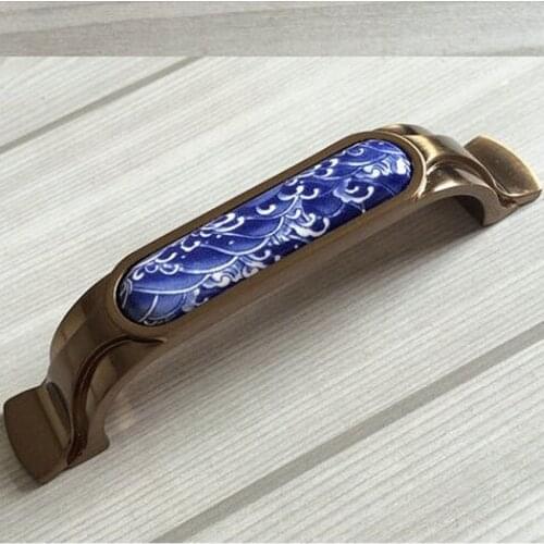 96mm retro furniture handles white and blue porcelain kitchen cabinet drawer pulls knobs antique brass dresser handles champagne