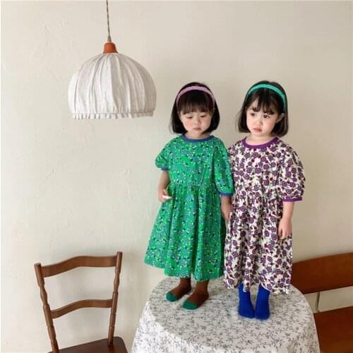 Korean style cute kids floral short sleeve dress baby girls loose casual long style dresses 2-6Y