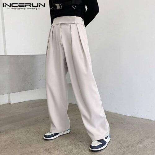 Fashion High Waist Straight Trousers INCERUN Men Solid Color Casual Pants Man Loose Zipper Pantalones Korean Style Joggers S-5XL