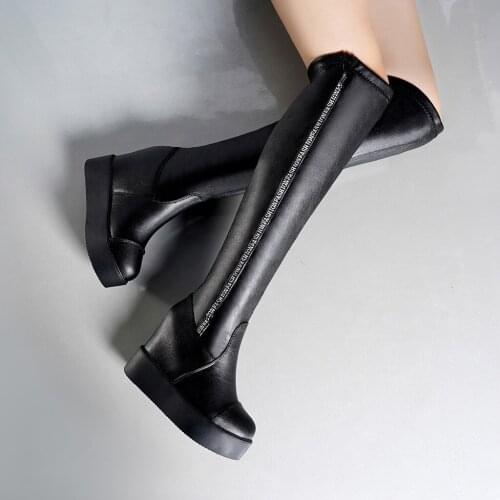 Fashion Knees High Flat Boots Women PU Leather Comfort Zipper Wedges Boots Solid Riding Winter Knight Shoes