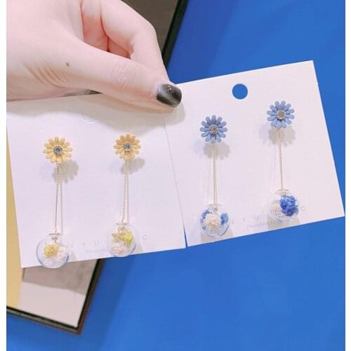 New Korean Fresh Sweet Crystal Daisy Flower Stud Earring Glass Ball Long Tassel Drop Earrings Trendy Fashion for Women