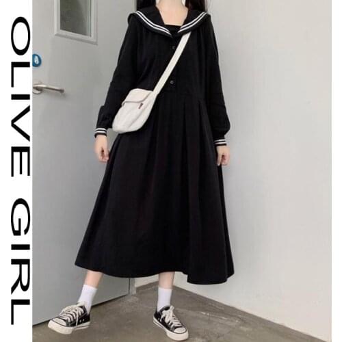 Japanese Lolita Dress Retro Autumn College Style Navy Collar Navy Collar Bow Lantern Pleated Long Sleeve Cosplay Costumes Dress