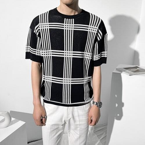 2021 Striped Knitted T-shirts Men Summer Short Sleeve Ice Silk O-neck Casual Tops Tees Loose Street Wear Social Male Clothing