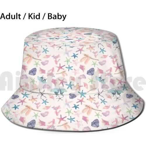 Tropical Sunset Fauna Sun Hat Foldable UV Protection Dragonfly Starfish Pink Purple Seashell Ocean Coral